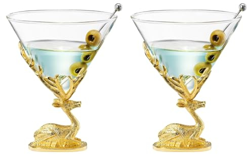 Stag Antler Cocktail Glasses Set of 2 Gold Deer Design Elegant Animal Inspired Barware - Themed Parties Rustic Decor Stag Lover Gifts or Unique Drinking Glasses Perfect for Cocktails and Entertaining
