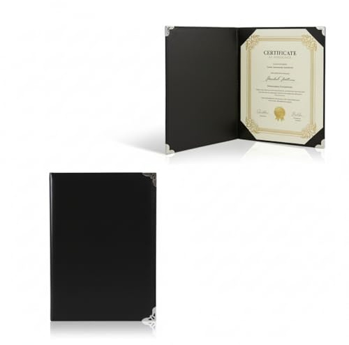 Diplomhalter aus Kunstleder, A4, glattes Leder mit silberfarbenem Schutzrand für Zertifikatshüllen und Zeugnismappe für stilvolle Diplom-Präsentation, Marineblau (Schwarz)