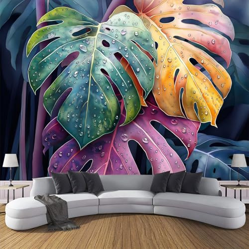 Peint Panoramique en soie Plantes À L'Aquarelle, Poster Geant Mural Grandes Feuilles Monstera,Papier peint mural Vert Rose pour Salon Chambre Chambre d'enfants restaurant Décoration Murale 350×256cm