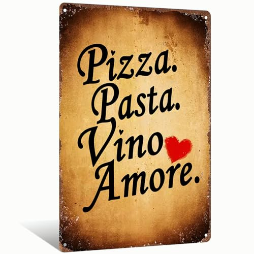 Plaque en métal de style vintage en aluminium avec gravure pizza, pâtes, vin et Amore pour maison, chambre, salle à manger, bar, café, école, bibliothèque, décoration de fête d'intérieur, 20,3 x 30,5