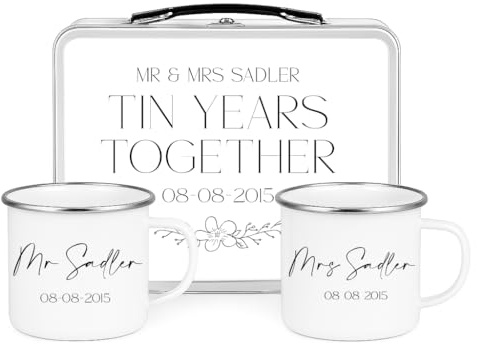 WOWZ DESIGN & PRINT DESIGN LTD Personalised 10th Anniversary Tin Box with Enamel Mug Set – Custom Keepsake for Couples, 10 Year Wedding Present Idea, 10 Year Wedding Idea, Wife tenth
