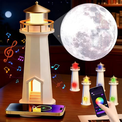 RIRIDAMAI Leuchtturmdeko mit Licht, LED Mondlicht Projektor Lampe Dimmbar, Wiederaufladbar, Kabelloses Laden von Mobiltelefonen, Musik Bluetooth, für Schlafzimmer, Party, Spielzimmer leuchtturmlampen