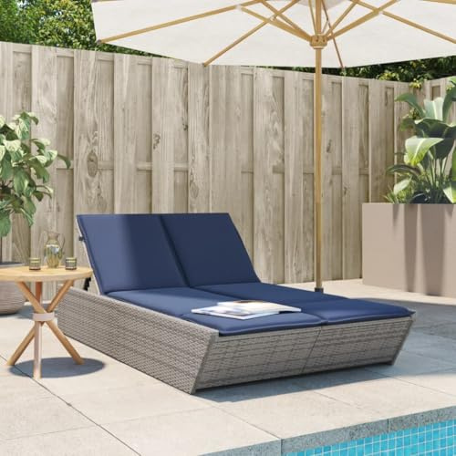Owoxanthellate Patio Double Sun Lounger 78.7x18.3x32.7 Grey PE Rattan Chaise w/ 4-Pos Backrest & Cushions for Garden/Pool/Balcony