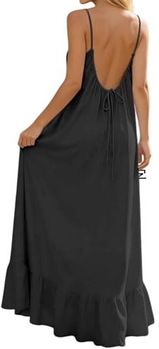 Robe Boheme Chic Caraco Dos Nu sans Manches pour Femme Robes Maxi d'été pour la plage Robe Casual Longue Et Fluide à Bretelles Spaghetti Dress Ample d’intérieur Elegant Couleur Unie Robes de Soirée