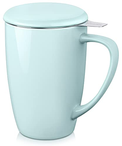 LOVECASA, Tea Cup with Infuser in Porcelain, Large Mug, Tea Pot with Stainless Steel Filter, 450 ML Cup with Lid