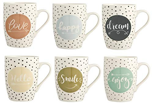 H&H Enjoy - Set 6 Tazze Mug in Porcellana Multicolore | 350 ml | Scritte Positive Assortite (Love, Happy, Dream, Smile, Enjoy, Hello) | Lavabili in Lavastoviglie | Ideali per Casa
