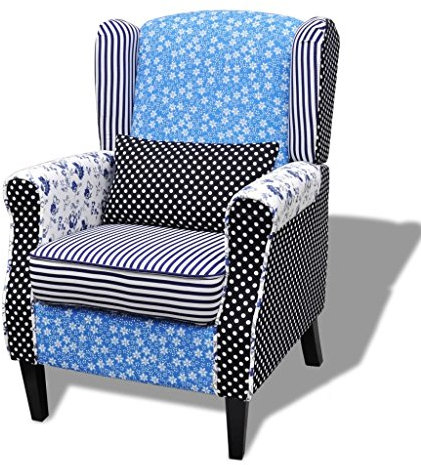 yorten Landhausstil Patchwork Armsessel Polstersessel Sessel Relaxsessel Loungesessel, Holz, Blumen Blau und Weiß 68 x 73 x 101 cm