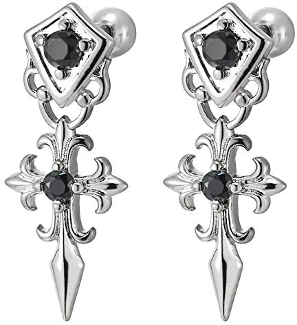 Gothic Punk Rock Schild Fleur de Lis Klinge Kreuz Ohrstecker mit Schwarz Zirkonia Herren Damen Edelstahl Gestüt Ohrringe