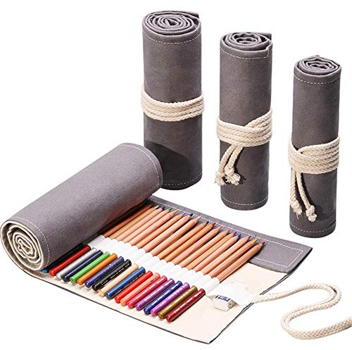 VIONNPPT Leinwand Farbige Bleistift Wrap Fall Roll up Pouch Bleistift Halter Organizer für Schule Büro Kunst für Studenten Künstler Bastler (Grau, 24 Holes)