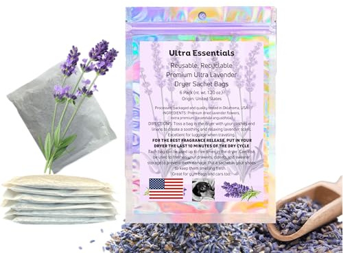 Lavender Sachet for Dryer, Naturally Scented Luggage Sachets, Closet & Drawer Fragrance, Freshens Laundry, Shoes, Gym Bags, Cars & Sweater Storage w/Premium Extra Flowers, Grown in USA (6 Pack)
