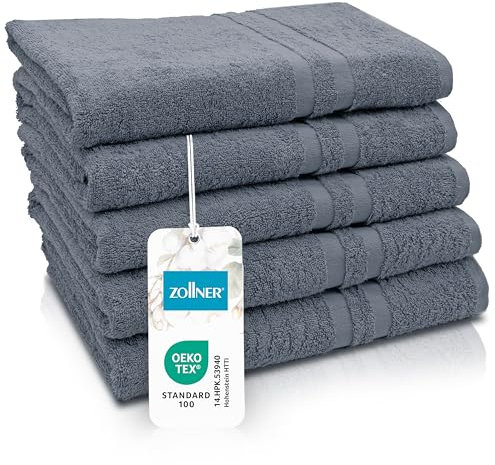 ZOLLNER 5er Set Duschtücher in 70x140 cm - Flauschige Badehandtücher aus Baumwolle - mit moderner Streifenbordüre - bis 60°C waschbar - mit praktischem Aufhänger - in grau - Hotelqualität