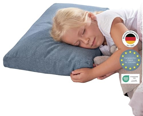 Theraline Kinderkopfkissen ab 2 Jahren, ca. 30x50cm, ergonomisches Schlafkissen & Nackenstützkissen, Memory Schaum & Perlen, patentiert, Kinderkissen für gesunden Schlaf, inkl. atmungsaktiver Bezug