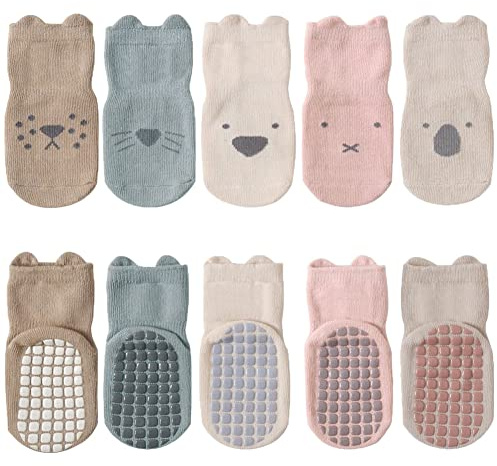 FedMois 5 paia calzini antiscivolo in cotone bimbi bambini motivi animali, Multicolore, 3-5 anni