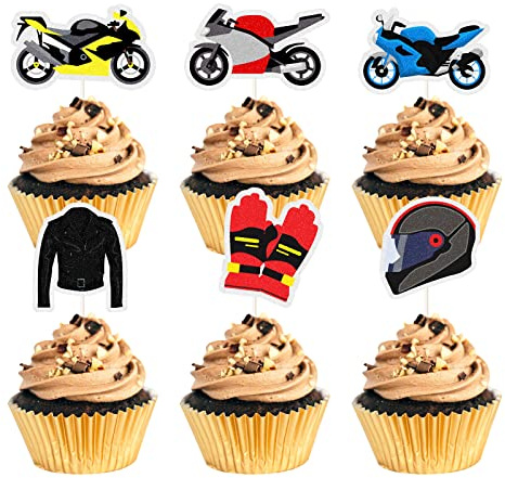MEFENG 18pcs Motorcycle Theme Cupcake Topper, Extreme Sports Racing Theme Party Supplies - For Motorcyclist Boy’s Man’s Birthday Party Decorations