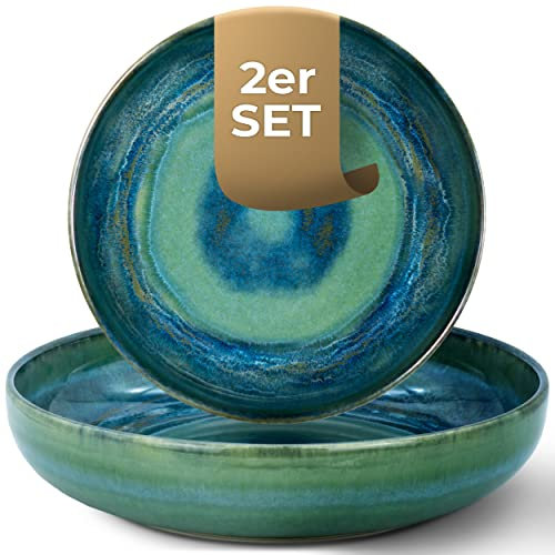 palmer Set di piatti profondi Miami, 2 piatti per pasta in gres Ø 22 cm, piatti verdi-blu, lavabili in lavastoviglie, moderni piatti in gres adatti al forno e al microonde