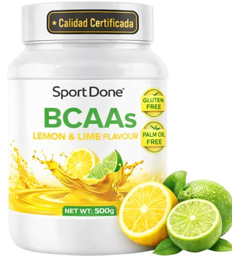 SportDone - BCAA 4:1:1 en Polvo 500 g | Sabor Lima y Limón | 2,13 g L-Leucina por dosis | Con L-Isoleucina y L-Valina | Sin gluten ni aceite de palma | Hasta 100 raciones
