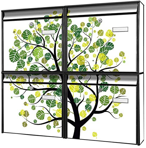 banjado Briefkastenanlage 4 Fach - Postkästen groß - verzinkter Stahl schwarz DIN A4 Motiv Baum grün - Briefkasten Set 4 Briefkästen Namensschild, 2 Schlüssel, Montagematerial