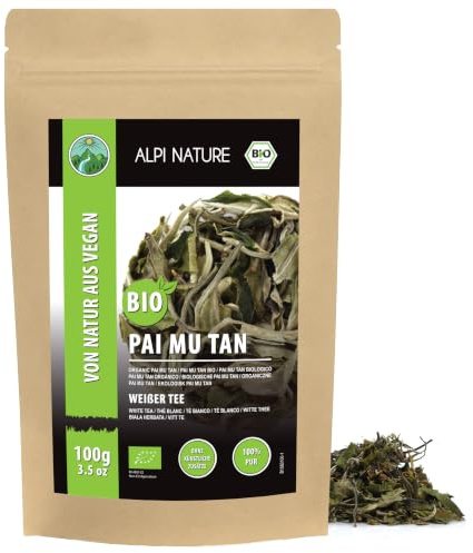 Alpi Nature Tè BIO Pai Mu Tan 100g, Foglie di Tè Bianco Pai Mu Tan, Naturalmente Caffeinato