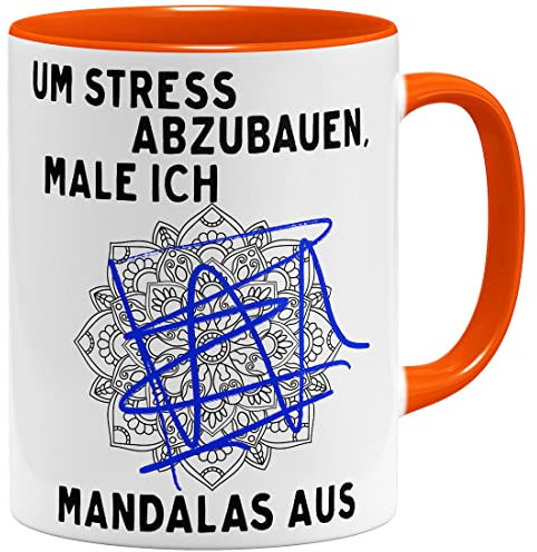 OM3® witzige Kaffee-Tasse mit Spruch - Um Stress abzubauen, male ich Mandalas aus - Lustige Spruchtasse - Keramik Becher - 11oz 325ml - Beidseitig Bedruckt - Orange