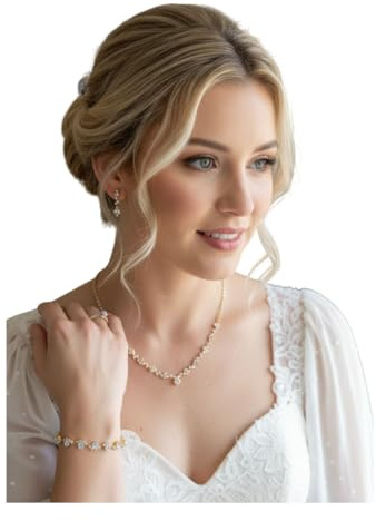 ONDEGO® Gold 3er Strass Schmuckset – Halskette, Ohrringe & Armband – Brautschmuck für Hochzeit, Abiball, Kommunion, Ball, Festlicher Schmuck