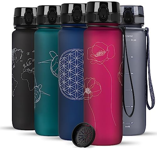 720°DGREE Trinkflasche 1l mit Motiv “uberBottle“ +Sieb - Auslaufsicher, Leicht, BPA-Frei, Bruchsicher - Wasserflasche für Uni, Sport, Fitness, Fahrrad, Outdoor - Mehrweg Tritan Sportflasche - Rot
