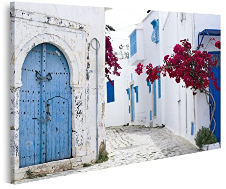 islandburner Bild auf Leinwand Blaue Türen Fenster Weiße Wand Gebäude Sidi Bou Said Tunesien Bilder Wandbilder Poster ISBE-1K