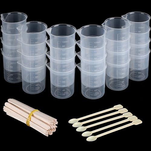 Belle Vous Kit 24 Misurini Trasparenti Resina Epossidica - Misurino per Miscela Trasparente da 100 ml - Bicchiere Graduato Cucina - con 30 Bastoncini Legno e 5 Cucchiai Plastica