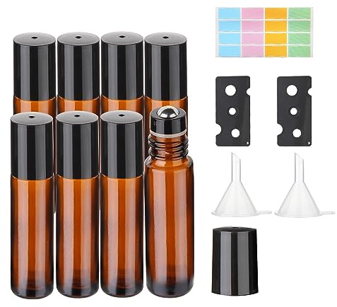 Hyber&Cara 10 ml glasrulle på flaskor, 8 st rullflaskor med rullar i rostfritt stål perfekt för doft, aromaterapi (inkluderar 2 flasköppnare, klistermärke och 2 trattar)