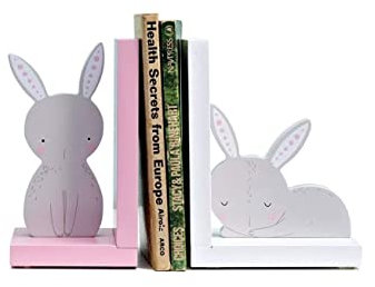 RUTAVM Buchstützen Buchstützen, Vintage, dekorative Buchstützen, lustiger rosa Hase, Bücher-Organizer, Holz-Buchstützen, niedliche Heimdekoration bücherstützen