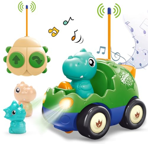 REMOKING My First Dinosaur Remote Control Car for Toddlers Age 2–4, Musical RC Toy with Lights & Sounds, Easy-to-Use 2-Button Controller, Safe Educational Toy for Boys and Girls