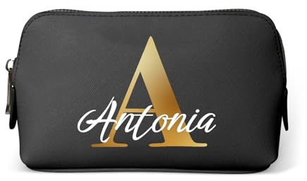 Love Faith personalisierte Kosmetiktasche - Schwarz - 18x11x4,5 cm | Wähle Initiale & Namen für die Gravur - Hochwertiger PU-Kulturbeutel - Praktischer Reisebegleiter für Frauen