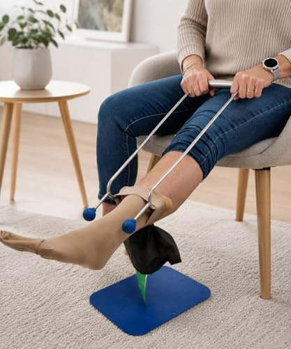 An- und Ausziehhilfe für Kompressionsstrümpfe – ink. Slip Perfect & Antirutschmatte – ideal fur Senioren und Menschen mit eingeschränkter Mobilität Körper über 175 cm/Waden <40 cm – DressBuddy 1402