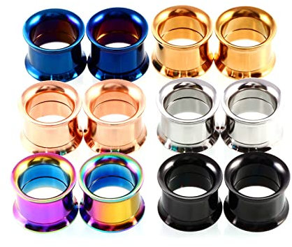 Bcughia Edelstahl Ohr Plug 14mm Flesh Tunnel Plug Mehrfarbig Reifen Tunnel Plug Ohr Set, 12 Stück