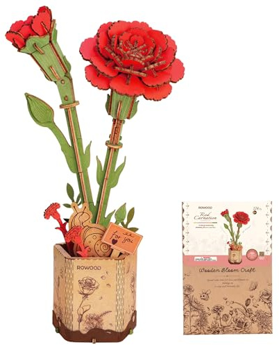 ROWOOD 3D-pussel röd nejlika, gör-det-själv-blomma av trä, modellbyggsatser för konstgjorda blommor att montera för vuxna, bästa heminredning och alla hjärtans dag leksaks-presentset