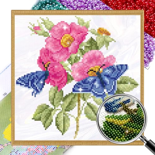 Generisch Diy Perlenstickerei Set für Erwachsene Anfänger, Schmetterling Blume, Einfaches Perlenstickerei Kit, Nadelspitzen-Set, Perlen Kreuzstich, 3D Perlenmalerei, Handarbeit 27x27cm