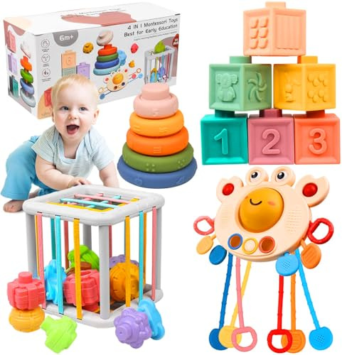 Baby Spielzeug 6 Monate, 4 in 1 Montessori Spielzeug ab 1 Jahr, Sensorik Spielzeug Baby, Motorikwürfel, Stapelspielzeug, Montessori Babyspielzeug, Geschenk Junge Mädchen 6 9 12 Monate 1 2 3 Jahre
