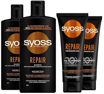 Syoss Shampoo Repair (2x 440 ml) für trockenes & geschädigtes Haar, beugt Haarschäden vor & Tiefenspülung Repair (2x 250 ml) reichhaltige Spülung repariert alle Ebenen der Haarfasern