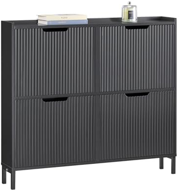 Sobuy skoskåp Wysoka smal-skosp 4 fack skhylla skoförvaring-shoe skåp 8 par, stabil konstruktion, hall, modern svart MDF-metall, modell FSR177-L-SCH