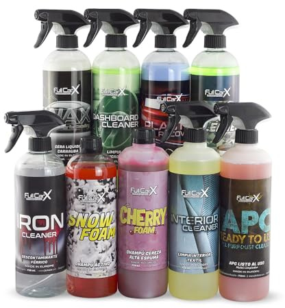 FULLCARX Kit Nettoyage Voiture Extérieur Intérieur Detailing, Nettoyant Jantes, Tissu Cuir, Rénovateur Plastique Tableau de Bord, Shampoing PH Neutre et Alcaline Rose, Cire Carnauba, APC, Vitre Lavage