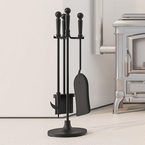 Kingson Set di 4 attrezzi per caminetto in ghisa, include spazzola, pala, attizzatoio, supporto, diametro 16,5 x 53 cm, set di accessori per caminetto