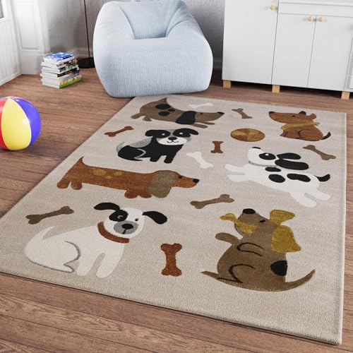 Smart Kids Rocky & Friends Kinderteppich, 140 x 200 cm, Sand beige meliert | gewebter Kinderteppich, Spannende Abenteuer mit fröhlichen Hunde Motiven