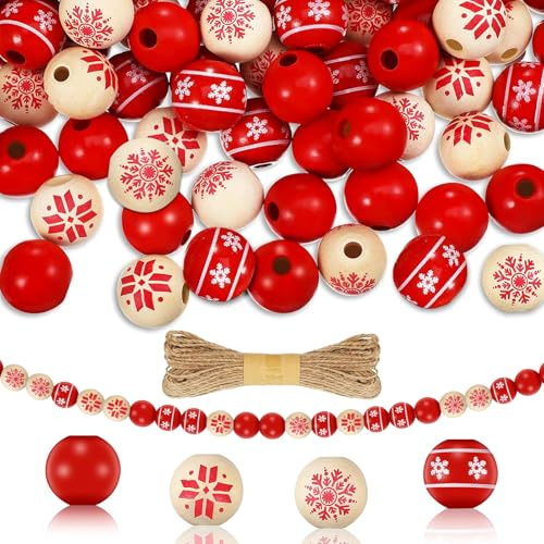 JINHOXUN 120pcs Weihnachten Hölzerne Perlen, Rot, Rund, für DIY Weihnachtsbaum Dekoration, DIY Armbänder