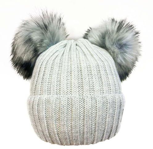 Faera Kunstfell Wintermütze mit Zwei Bommeln Strickmütze Bommelmütze Fleece gefütterte warme Mütze (DE/NL/SE/PL, Alphanumerisch, Einheitsgröße, Grau)