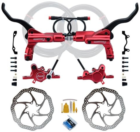 MIRODO E-Bike 2-Kolben-Hydraulik-Scheibenbremsen-Set 2-poliger Magnetsensor E-Scooter-Scheibenbremse Rechte-Montage Bremshebel-Aus-Aluminiumlegierung 2300mm-Schlauch 160mm-Rotoren Werkzeuge(Red)