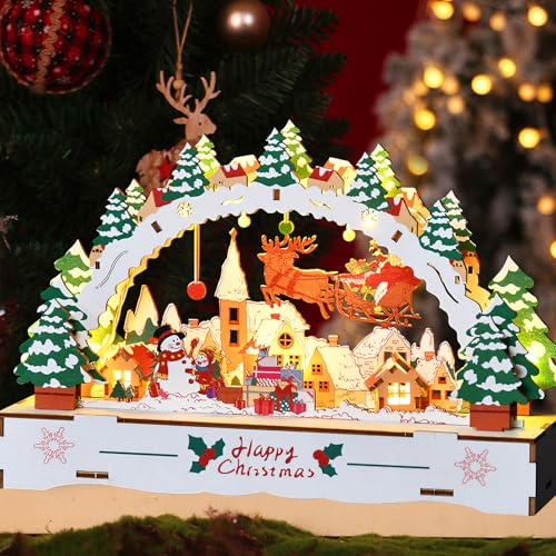 DZAY Weihnachtsdeko Weihnachtsdorf mit Beleuchtung,Schwibbogen Weihnachten Holz Weihnachtshaus Weihnachtsstadt Weihnachtshäuser,Fensterbeleuchtung Christmas Village Weihnachtsbeleuchtung Innen (02)