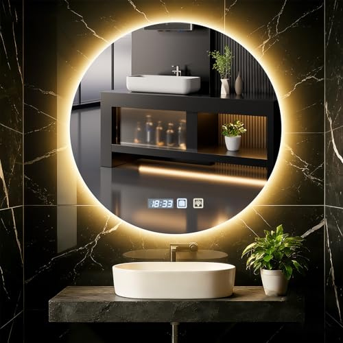 wowspeed Badspiegel Rund mit Beleuchtung 60cm Diameter, Badspiegel Rund Beleuchtet mit Uhr, LED, Dimmbar, 3 Lichtfarben, Entfogging, Memory of Light, Spiegel mit Beleuchtung Bad