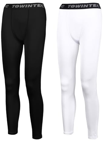 Towintec Barn kompressionsleggings sportunderkläder bekväm fotboll basskikt andas termobyxor pojkar varma sportleggings snabbtorkande strumpbyxor för löpning hockey basket, Svart + vit, 12 år