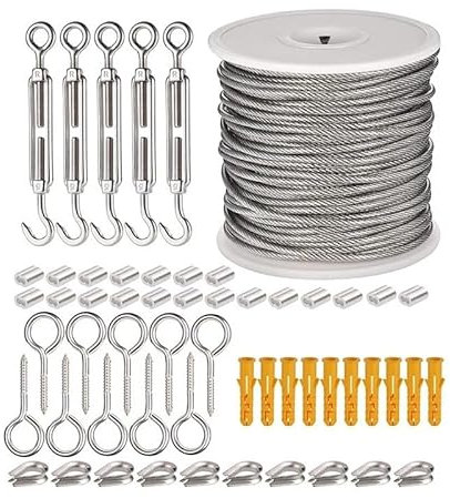 TAIGUHUI Stahlseil 30M/15M Edelstahl Draht Seil Kabel Hängen Wäscheleine Kabel Zelt Schnur Kit Outdoor Garten Kabel Leitplanke Engere Haken Set Drahtseil(30M)