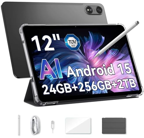 OSCAL 2026 Dernier Tablette Android 15 avec Stylet, Tablette Tactile 12 Pouces avec Carte SIM, 24GB RAM + 256GB ROM (TF 2TB), Batterie 9000mAh, Octa-Core, Écran 2K, Widevine L1/WiFi 5G/OTG/Face ID