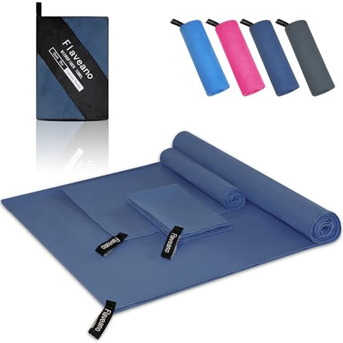 Flaveano Asciugamano Microfibra, Set di 3 Asciugamano Palestra (180x90cm, 80x40cm, 50x30cm), Telo Palestra Asciugatura rapida per Campeggio, Piscina, Spiaggia, viaggio e Sport - Blu navy